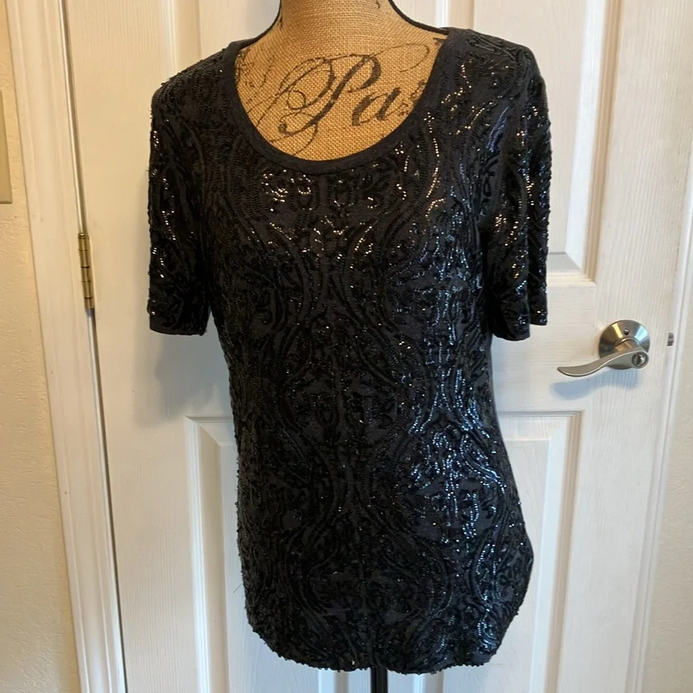 Tory Burch Arabesque wool rayon lined sequined scoop neck short sleeved blouse M